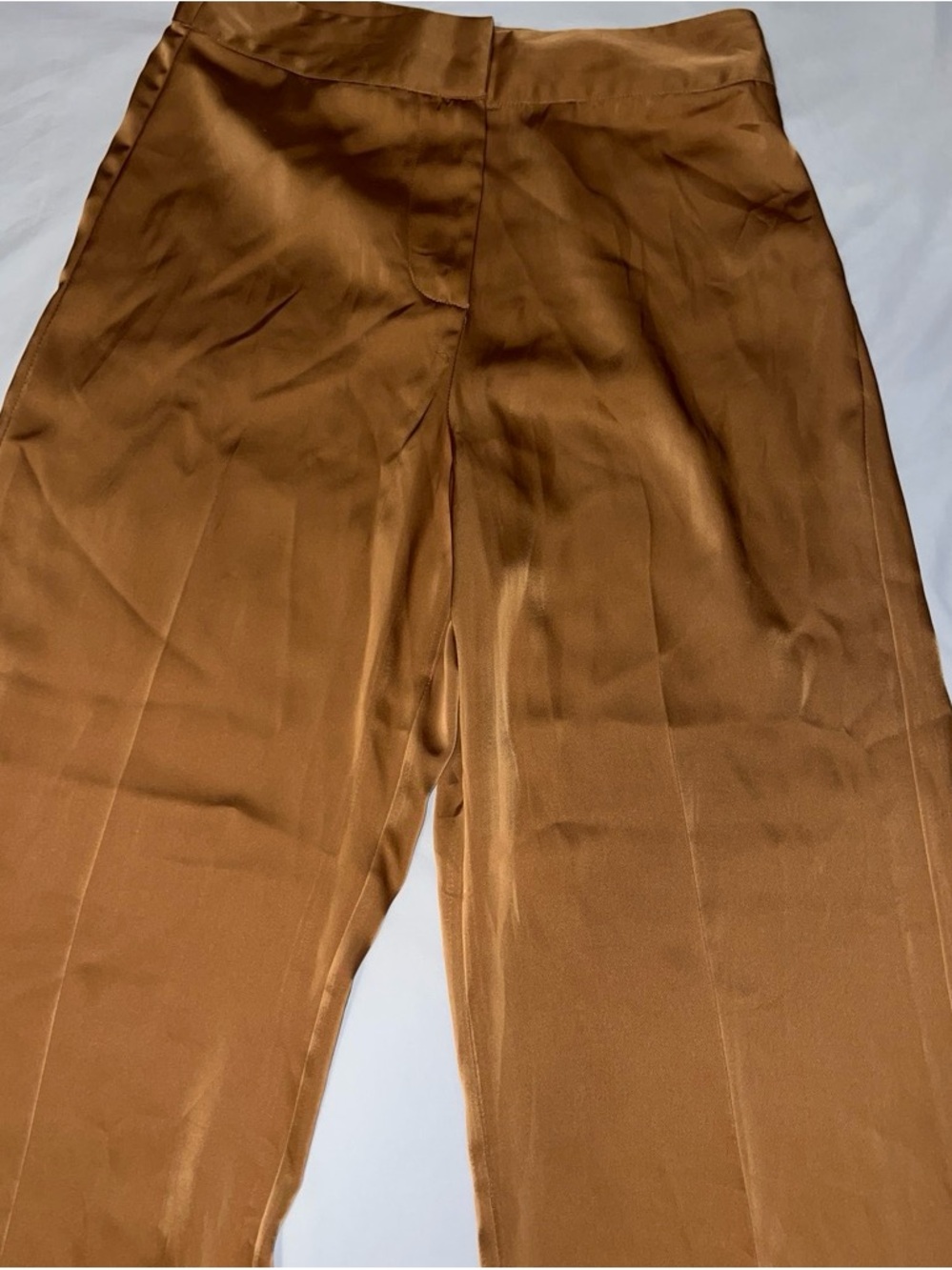 JustFab Wide Leg Satin Pants - Caramel Brown